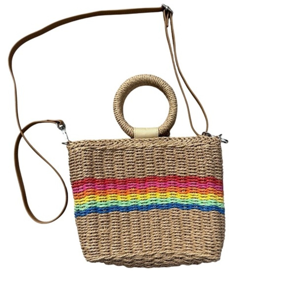 NWOT Colorful Striped Straw Woven Tote Bag Rainbow Coastal Euro Summer - Picture 2 of 6